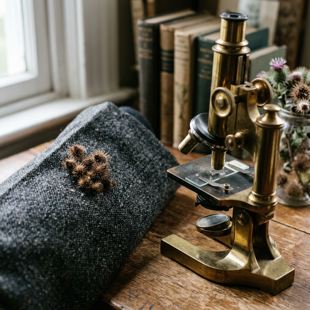 Brass microscope on wooden desk with dried burrs and botanical books
