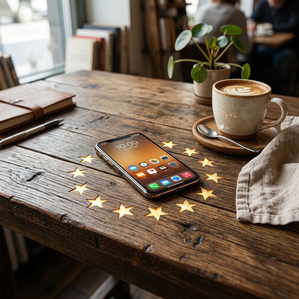 Smartphone on wooden table with glowing European stars around it, beside a coffee cup and notebook