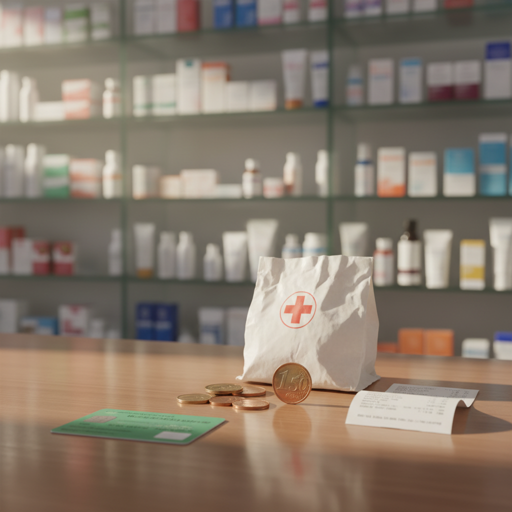 Carte de sécurité sociale, sac de pharmacie et pièces de monnaie posés sur un comptoir, illustrant le remboursement des protections menstruelles