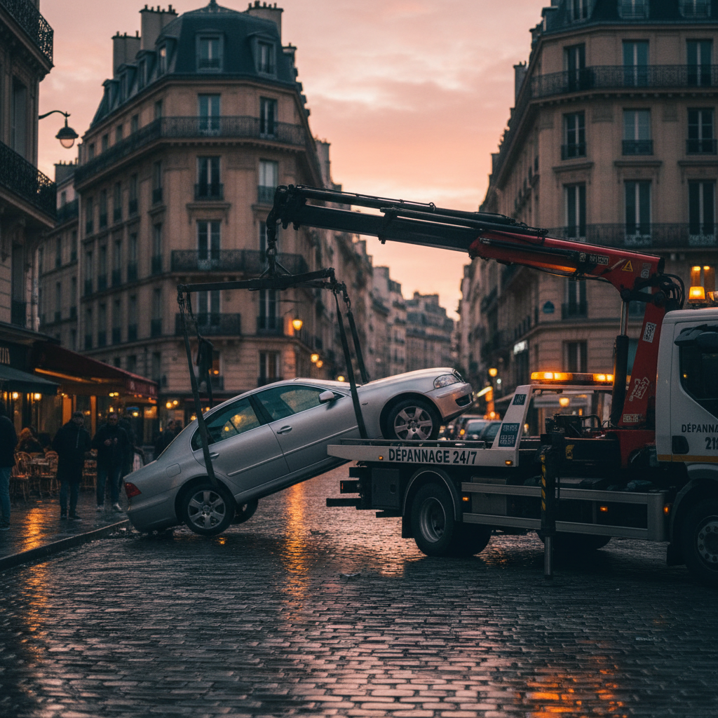 Une dépanneuse enlève une voiture garée en ville au coucher du soleil, gyrophare orange allumé.