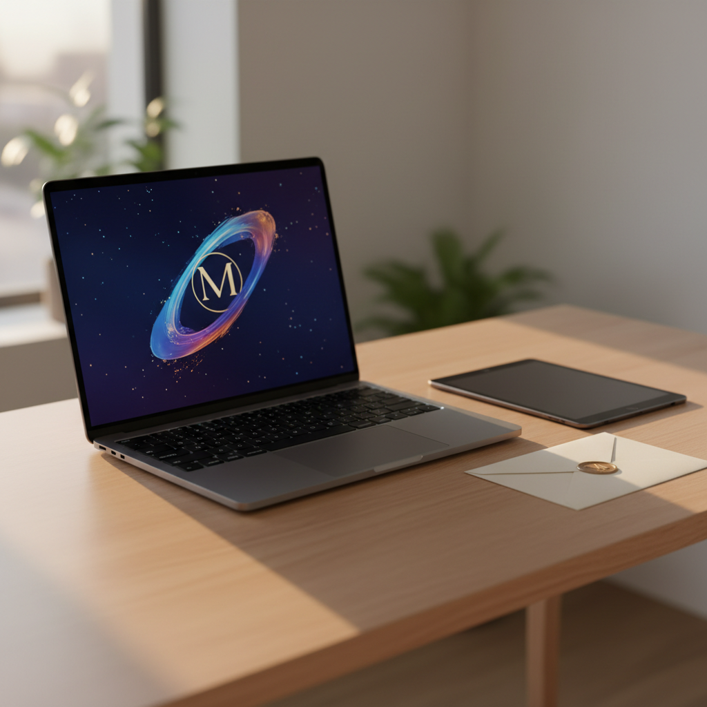 Un ordinateur portable à écran lumineux posé sur un bureau en bois, avec une petite tablette et une enveloppe d'invitation fermée
