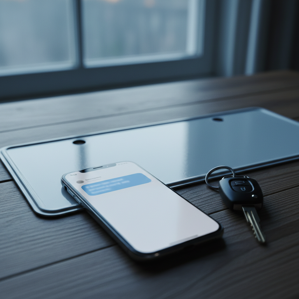 Smartphone posé sur une table en bois avec une notification de message, une plaque d'immatriculation vierge et des clés de voiture