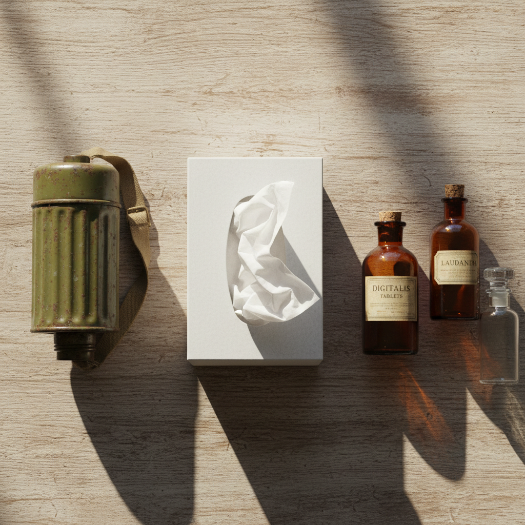 Une boîte de mouchoirs en papier avec un vieux filtre de masque à gaz et des flacons de pharmacie anciens posés sur une table en bois