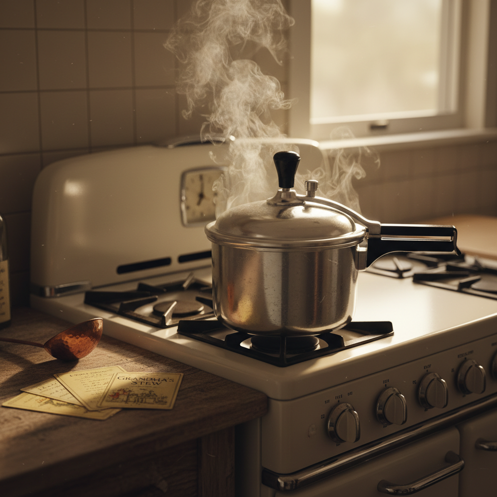 Une cocotte-minute en aluminium des années 1950 posée sur une cuisinière, avec de la vapeur qui s'échappe, des fiches de recettes et une louche en cuivre