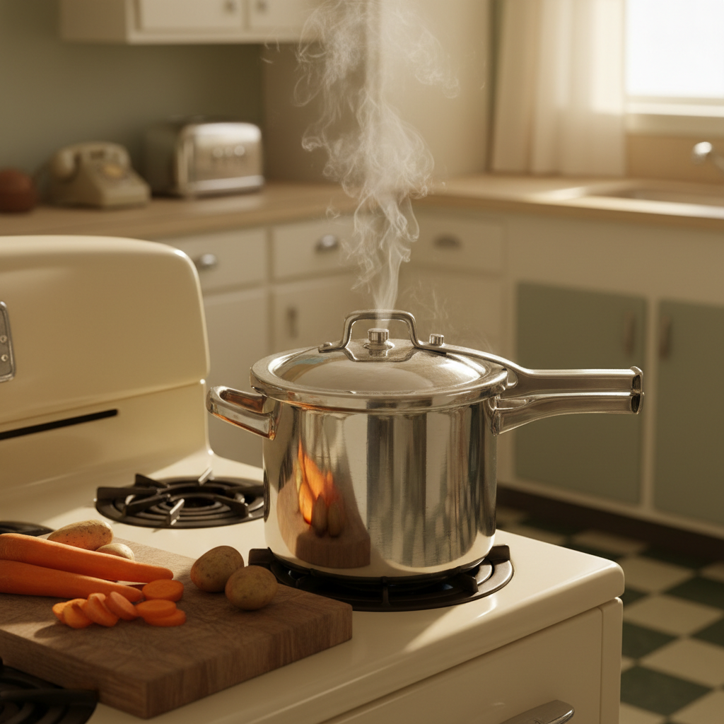 Une cocotte-minute en inox posée sur une cuisinière d'époque, avec un filet de vapeur et des légumes sur une planche en bois.