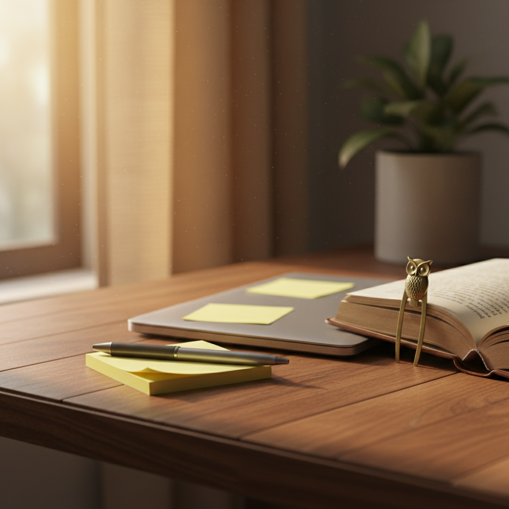 Un bureau en bois avec un bloc de notes adhésives jaunes collées sur un ordinateur portable et un livre, dans une lumière chaude du matin