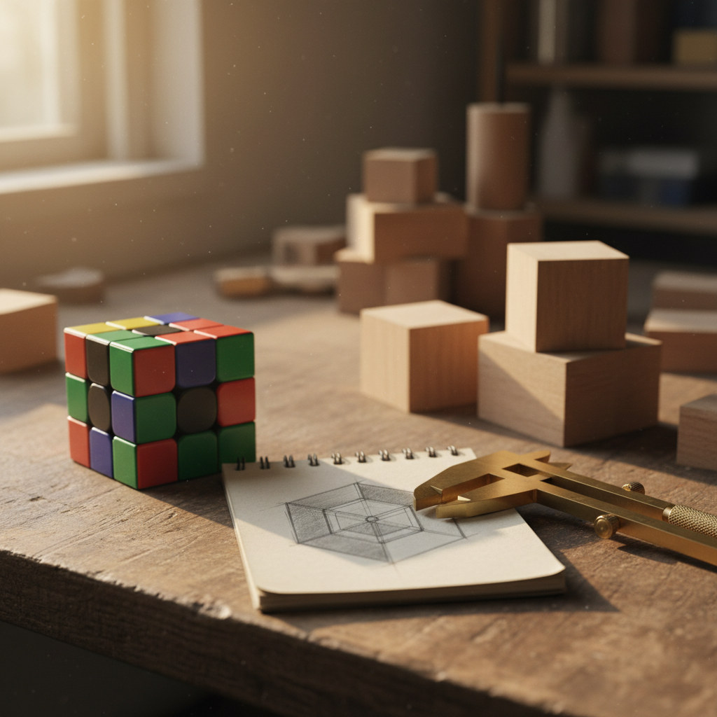 Un cube casse-tête mélangé posé sur un établi en bois, à côté de croquis, d'un pied à coulisse et de petits blocs de bois