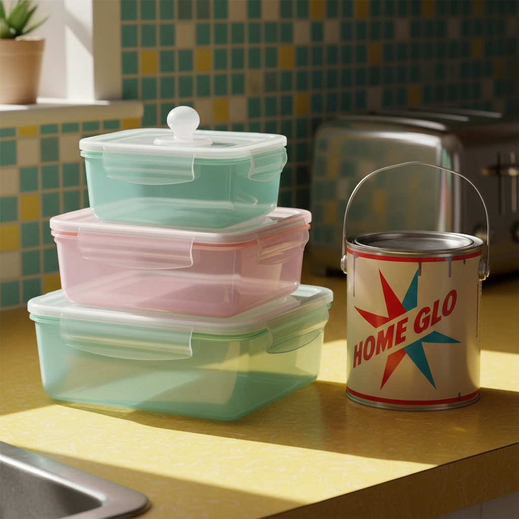 Pile de boîtes alimentaires en plastique pastel avec couvercles hermétiques sur un plan de travail de cuisine vintage, à côté d'un pot de peinture