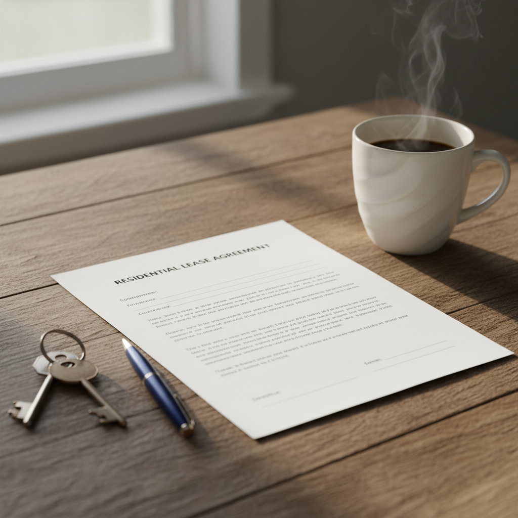 Un contrat de location posé sur une table en bois avec un trousseau de clés, un stylo et une tasse de café