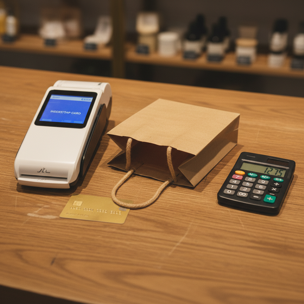 Terminal de paiement sans contact, carte bancaire, petit sac en papier et calculatrice posés sur un comptoir en bois