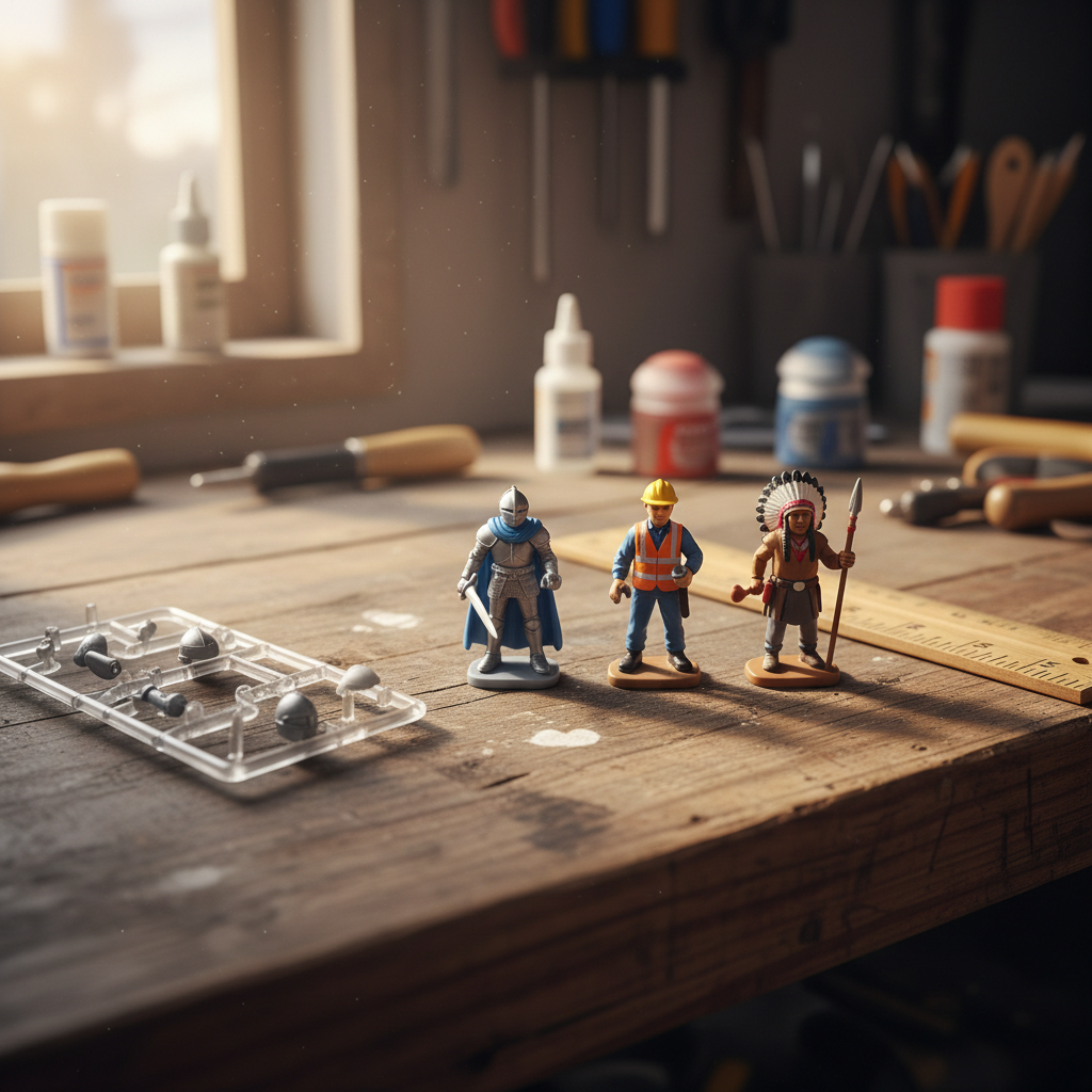 Trois petites figurines en plastique, un chevalier, un ouvrier et un chef à plumes, alignées sur un établi en bois à côté d'une règle
