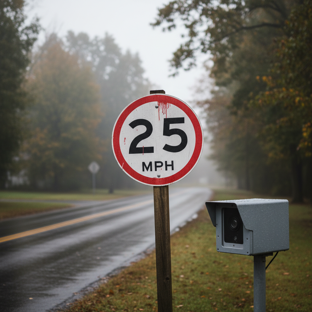 Un panneau de limitation de vitesse bricolé posé sur un poteau en bois à côté d'un radar gris au bord d'une route de banlieue